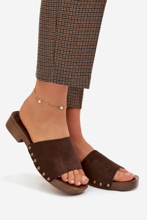 Moteriškos šlepetės su plačiais kulniukais Ze aukso spalvosmi Smeigės CzekoladoĮe Girella