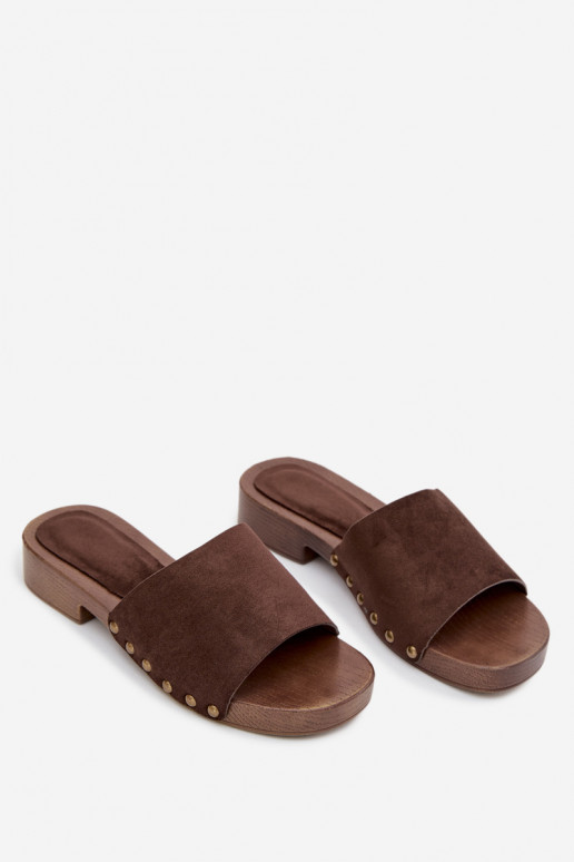 Moteriškos šlepetės su plačiais kulniukais Ze aukso spalvosmi Smeigės CzekoladoĮe Girella