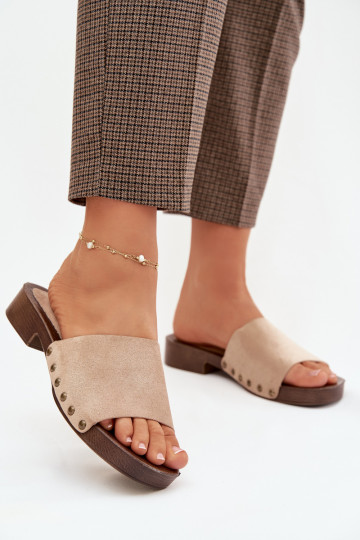 Moteriškos šlepetės su plačiais kulniukais Ze aukso spalvosmi Smeigės smėlio spalvos Girella 2