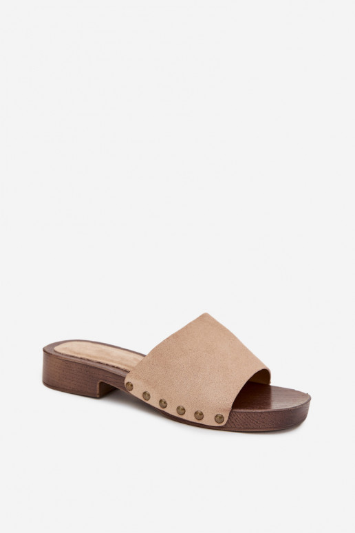 Moteriškos šlepetės su plačiais kulniukais Ze aukso spalvosmi Smeigės smėlio spalvos Girella