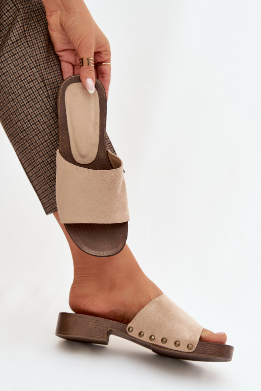 Moteriškos šlepetės su plačiais kulniukais Ze aukso spalvosmi Smeigės smėlio spalvos Girella