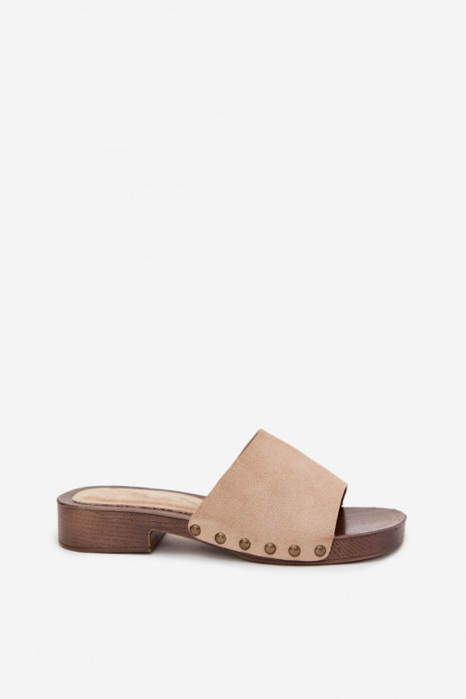 Moteriškos šlepetės su plačiais kulniukais Ze aukso spalvosmi Smeigės smėlio spalvos Girella