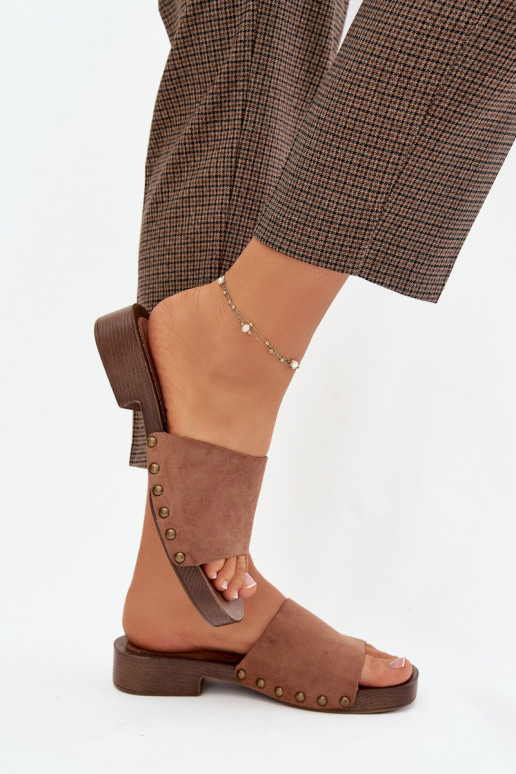 Moteriškos šlepetės su plačiais kulniukais Ze aukso spalvosmi Smeigės rudos spalvos Girella