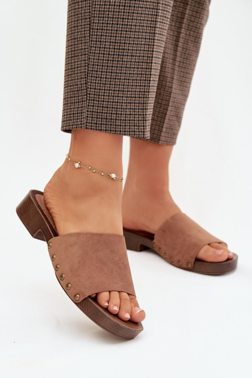 Moteriškos šlepetės su plačiais kulniukais Ze aukso spalvosmi Smeigės rudos spalvos Girella