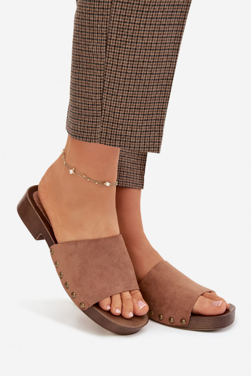 Moteriškos šlepetės su plačiais kulniukais Ze aukso spalvosmi Smeigės rudos spalvos Girella