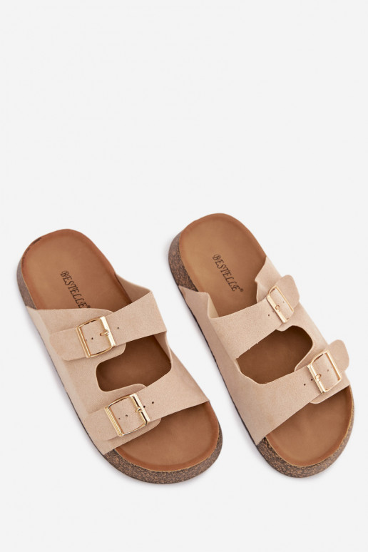 Moteriškos šlepetės su platforma Ze aukso spalvosmi su sagtimismi dramblio kaulo spalvos Tovessa