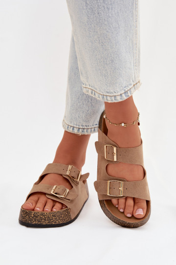 Moteriškos šlepetės su platforma Ze aukso spalvosmi su sagtimismi smėlio spalvos Tovessa