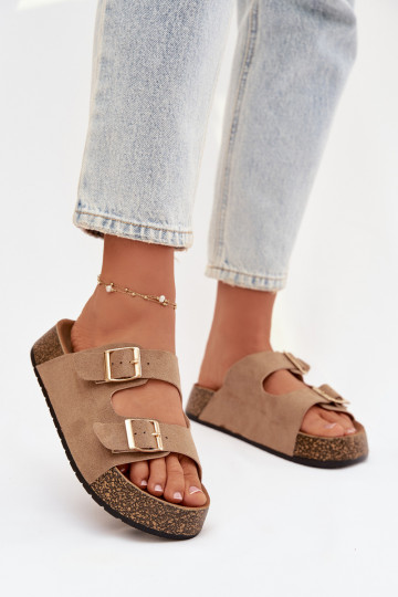 Moteriškos šlepetės su platforma Ze aukso spalvosmi su sagtimismi smėlio spalvos Tovessa 2