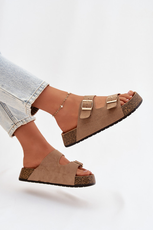 Moteriškos šlepetės su platforma Ze aukso spalvosmi su sagtimismi smėlio spalvos Tovessa