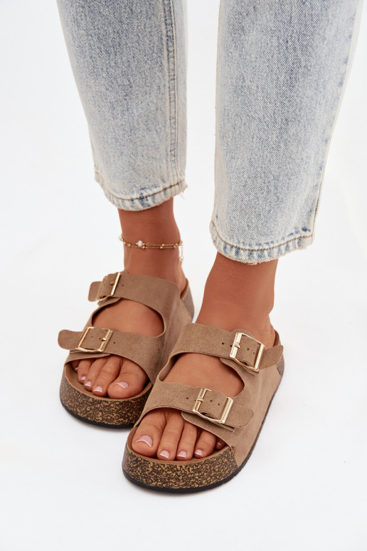 Moteriškos šlepetės su platforma Ze aukso spalvosmi su sagtimismi smėlio spalvos Tovessa