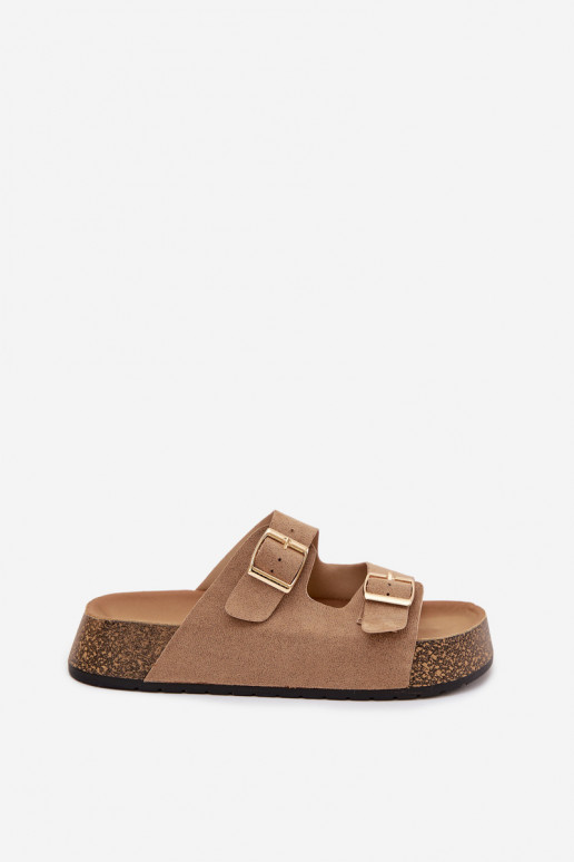 Moteriškos šlepetės su platforma Ze aukso spalvosmi su sagtimismi smėlio spalvos Tovessa