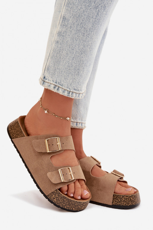 Moteriškos šlepetės su platforma Ze aukso spalvosmi su sagtimismi smėlio spalvos Tovessa