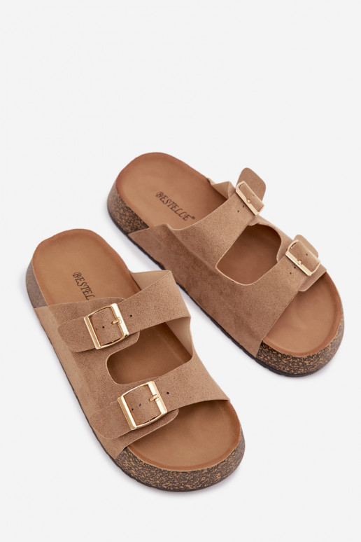 Moteriškos šlepetės su platforma Ze aukso spalvosmi su sagtimismi smėlio spalvos Tovessa