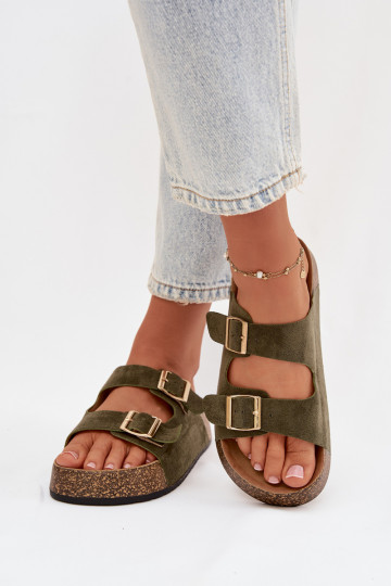 Moteriškos šlepetės su platforma Ze aukso spalvosmi su sagtimismi žalios spalvos Tovessa 2