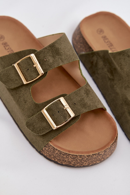 Moteriškos šlepetės su platforma Ze aukso spalvosmi su sagtimismi žalios spalvos Tovessa