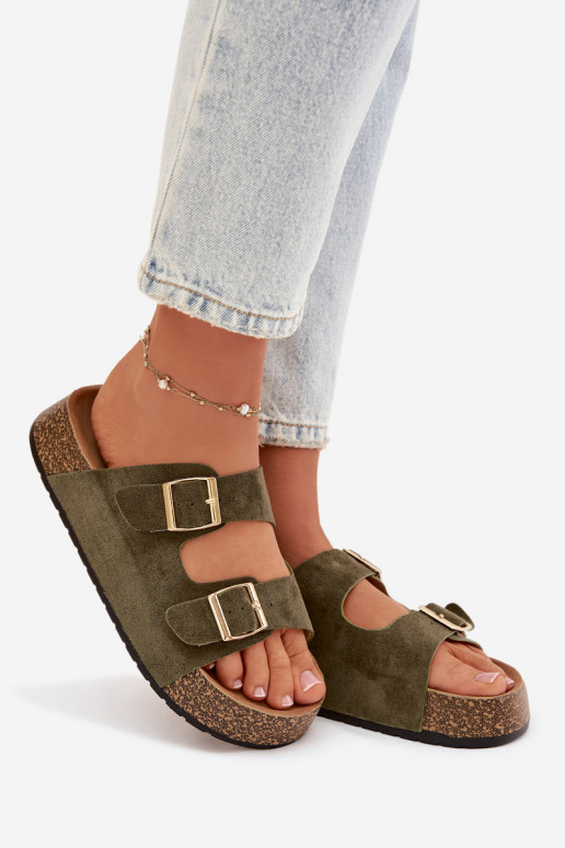 Moteriškos šlepetės su platforma Ze aukso spalvosmi su sagtimismi žalios spalvos Tovessa