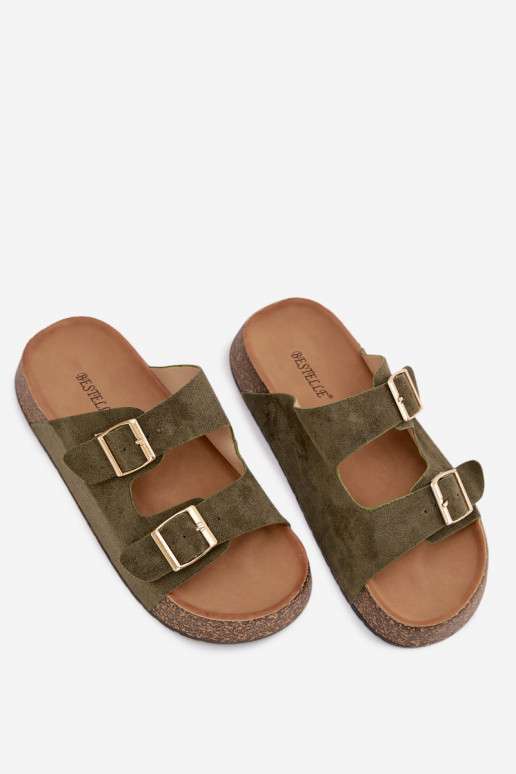 Moteriškos šlepetės su platforma Ze aukso spalvosmi su sagtimismi žalios spalvos Tovessa