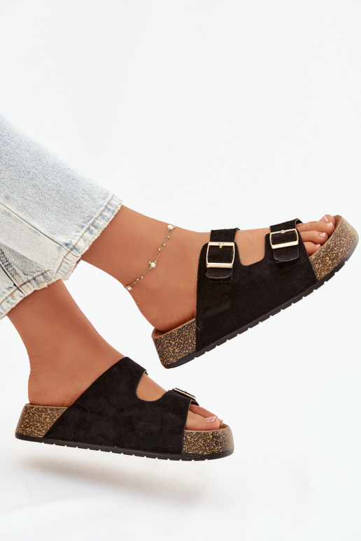 Moteriškos šlepetės su platforma Ze aukso spalvosmi su sagtimismi juodos spalvos Tovessa