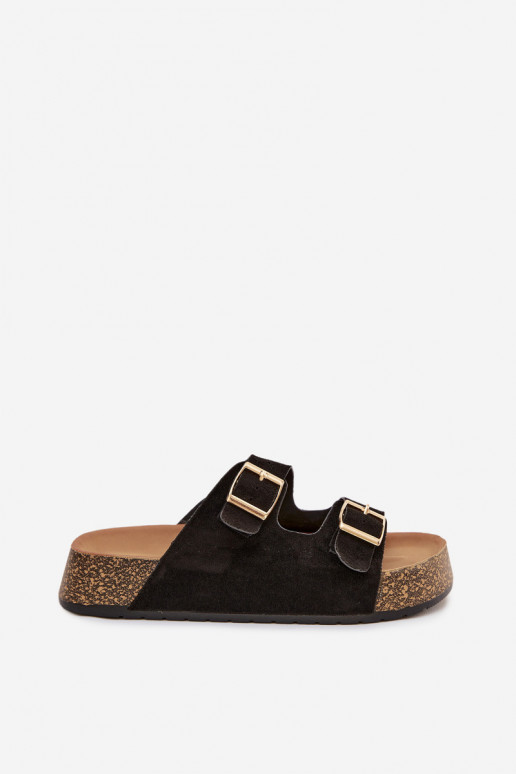 Moteriškos šlepetės su platforma Ze aukso spalvosmi su sagtimismi juodos spalvos Tovessa