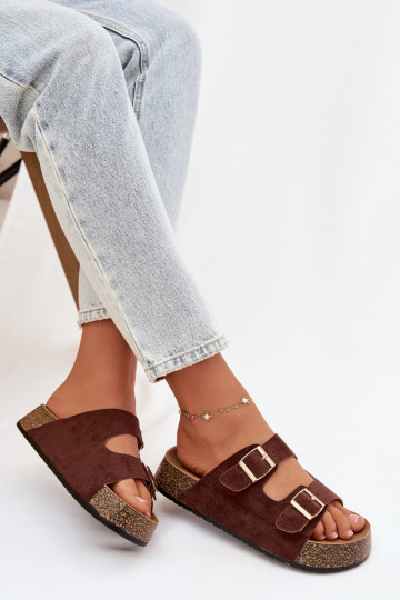 Moteriškos šlepetės su platforma Ze aukso spalvosmi su sagtimismi rudos spalvos Tovessa