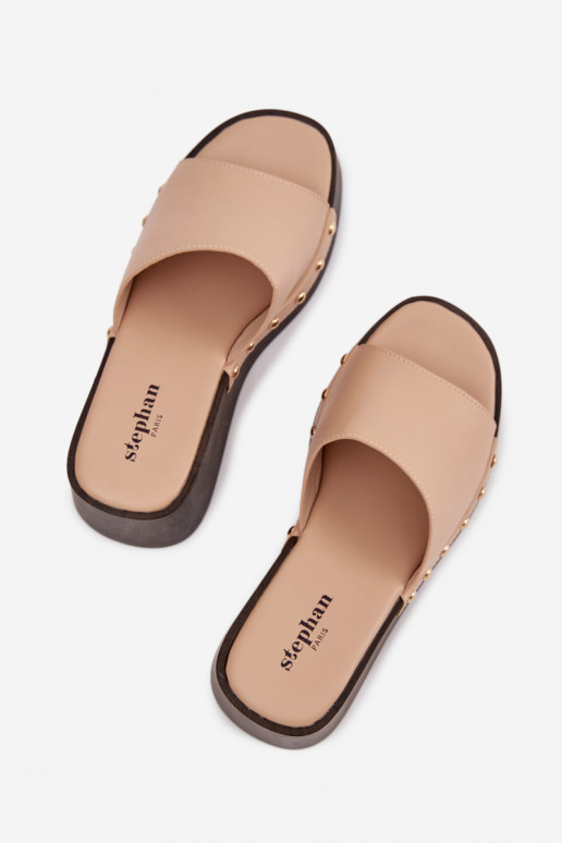 Moteriškos šlepetės ant platformos su aukso spalvos smeigėmis smėlio spalvos Arionne