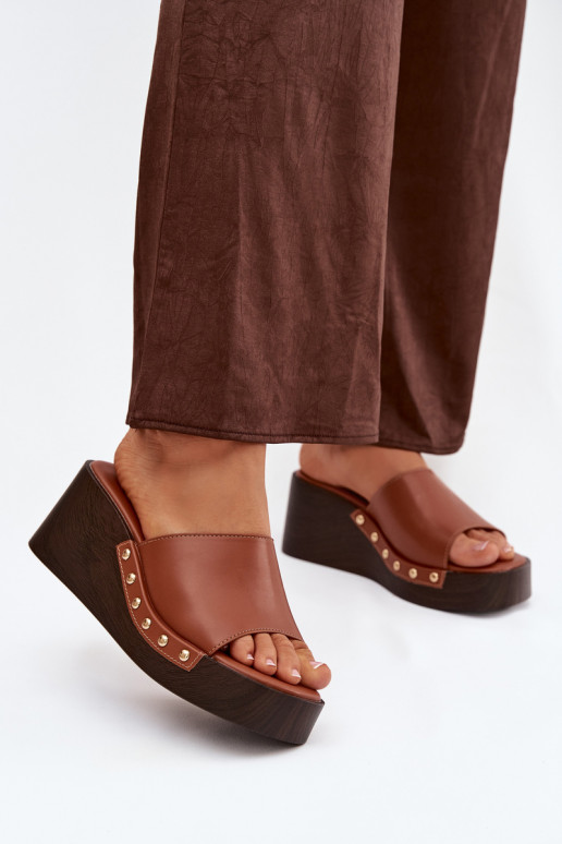 Moteriškos aukso spalvos platforminės šlepetės Arionne, rudos spalvos