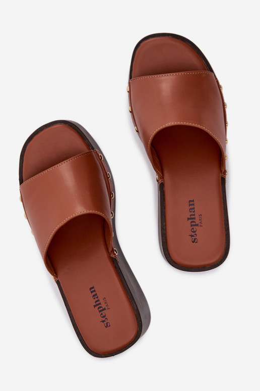 Moteriškos aukso spalvos platforminės šlepetės Arionne, rudos spalvos