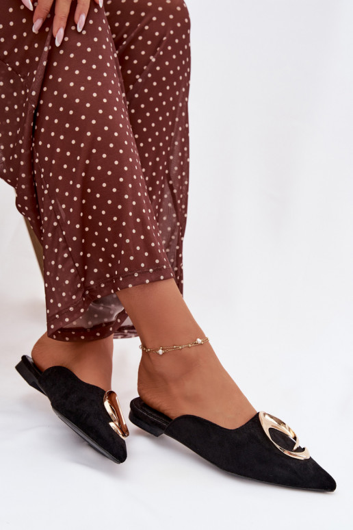 Moteriškos juodos spalvos šlepetės „Mule" su puošniomis aukso spalvos detalėmis Galvella