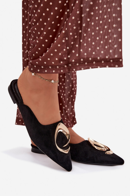 Moteriškos juodos spalvos šlepetės „Mule" su puošniomis aukso spalvos detalėmis Galvella