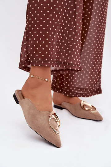 Moteriškos smėlio spalvos šlepetės „Mule" su puošniomis aukso spalvos detalėmis Galvella 2