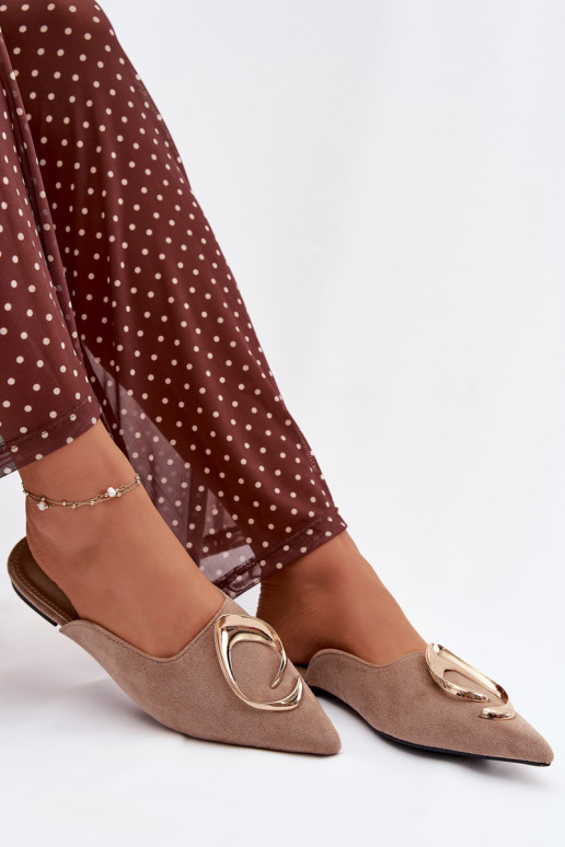 Moteriškos smėlio spalvos šlepetės „Mule" su puošniomis aukso spalvos detalėmis Galvella