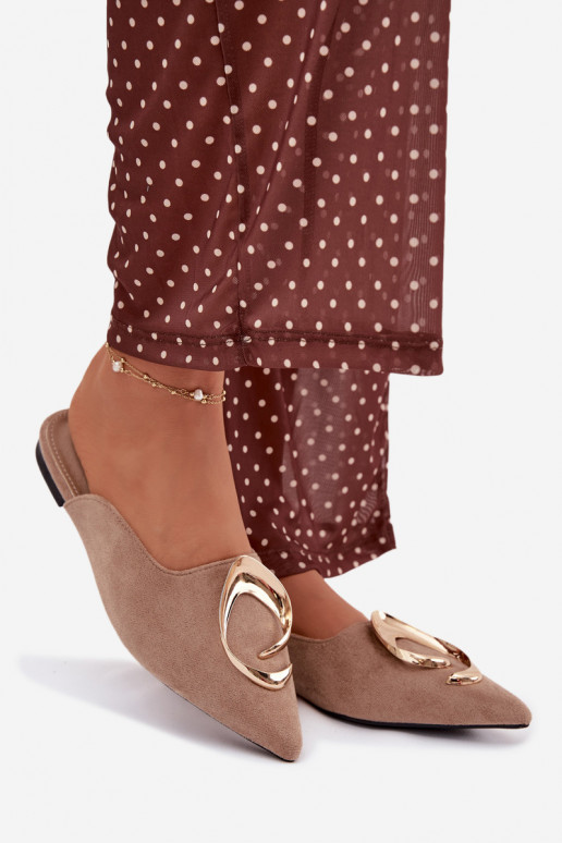 Moteriškos smėlio spalvos šlepetės „Mule" su puošniomis aukso spalvos detalėmis Galvella