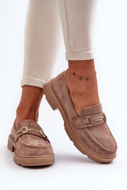 moteriški mokasinai su aukso spalvos detalėmis iš eko zomšosoĮe rudos spalvos Lighas