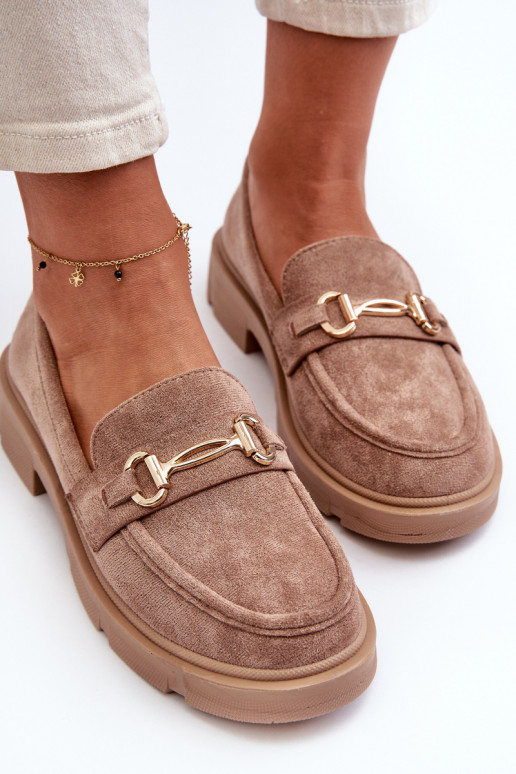 moteriški mokasinai su aukso spalvos detalėmis iš eko zomšosoĮe rudos spalvos Lighas