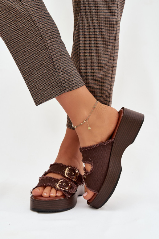 Moteriškos šlepetės su platforma aukso spalvos su sagtimis šokoladinės spalvos Renelisse