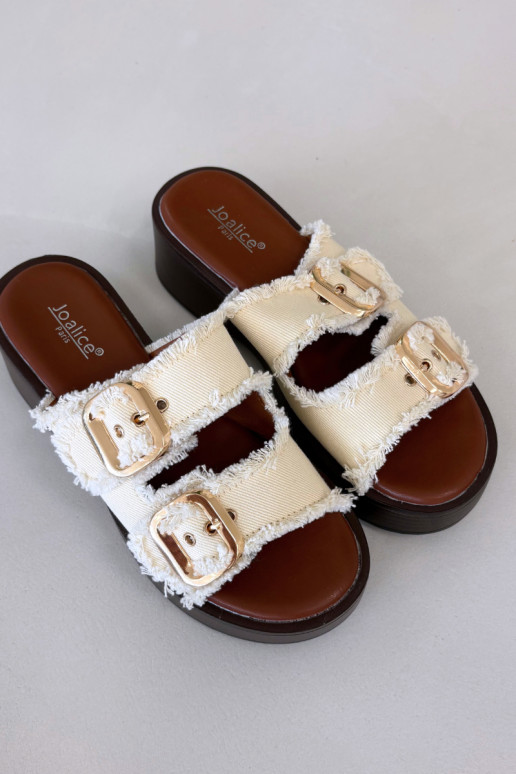 Moteriškos šlepetės su platforma aukso spalvos su sagtimis dramblio kaulo spalvos Renelisse