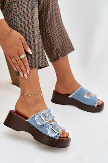 Moteriškos šlepetės su platforma aukso spalvos su sagtimis mėlynos spalvos Renelisse