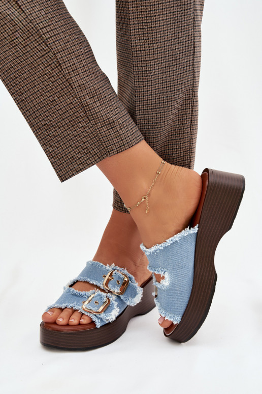 Moteriškos šlepetės su platforma aukso spalvos su sagtimis mėlynos spalvos Renelisse