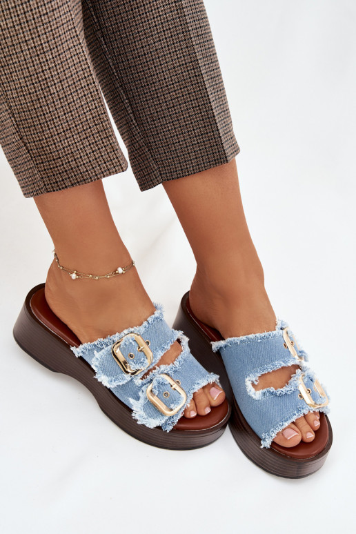 Moteriškos šlepetės su platforma aukso spalvos su sagtimis mėlynos spalvos Renelisse