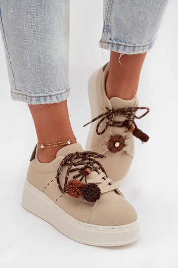 Smėlio spalvos Corinna moteriški platforminiai sportiniai batai su puošniais pomponais