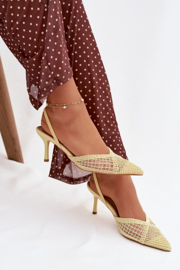 Geltonos spalvos „Hanelis" basutės su ažūro elementais ir plonais kulniukais