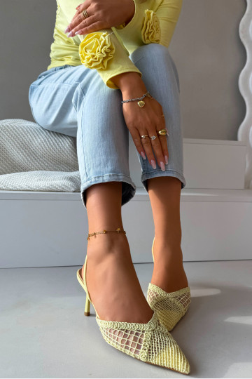 Geltonos spalvos „Hanelis" basutės su ažūro elementais ir plonais kulniukais 2