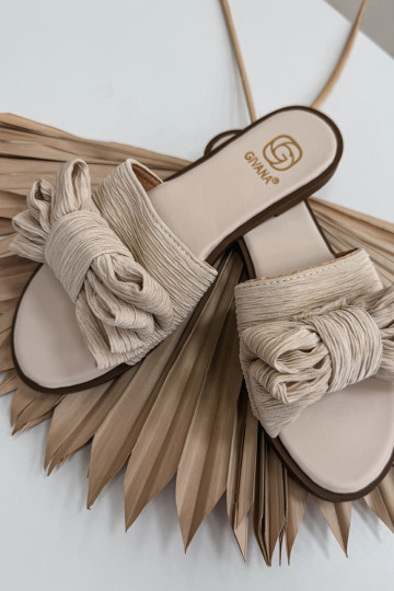 Moteriškos šlepetės su plačiais kulniukais su kaspinais smėlio spalvos Amivelle