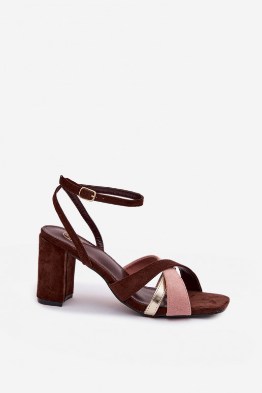 Moteriškos aukštakulnės basutės su juostelėmis iš eko zomšosoĮe CzekoladoĮe Karilora