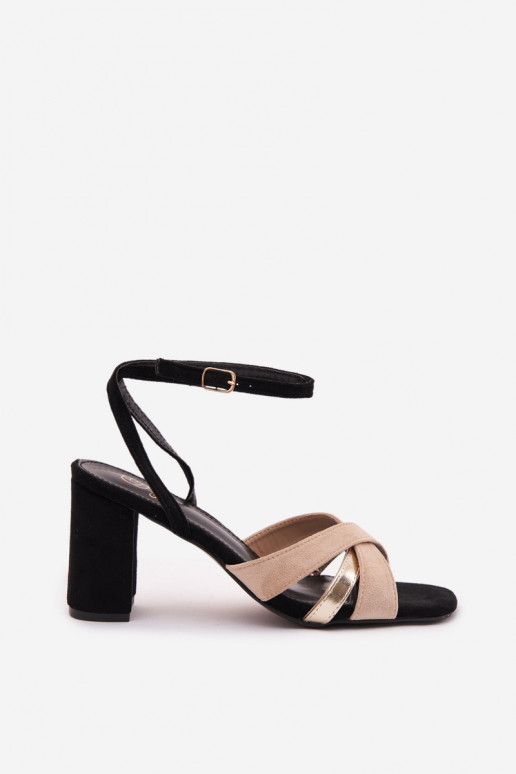 Moteriškos aukštakulnės basutės su juostelėmis iš eko zomšosoĮe juodos spalvos Karilora