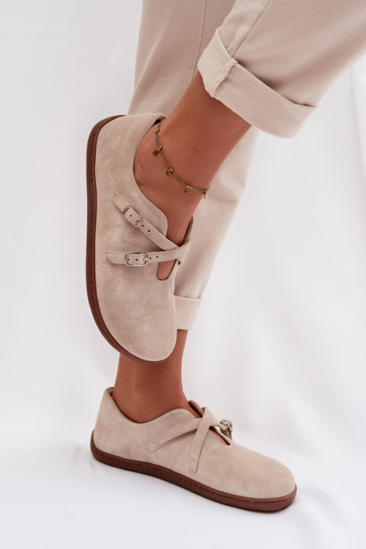 Oda iš zomšos batai Barefoot Moteriškas su juostelėmis Zazoo N1271 dramblio kaulo spalvos