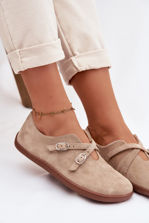 Oda iš zomšos batai Barefoot Moteriškas su juostelėmis Zazoo N1271 smėlio spalvos