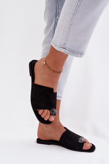 Šlepetės Moteriškas butas Su puošniais Detalem iš eko zomšosoĮe juodos spalvos Selavine