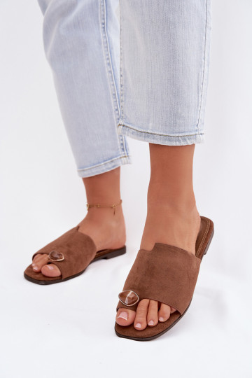 Šlepetės Moteriškas butas Su puošniais Detalem iš eko zomšosoĮe rudos spalvos Selavine