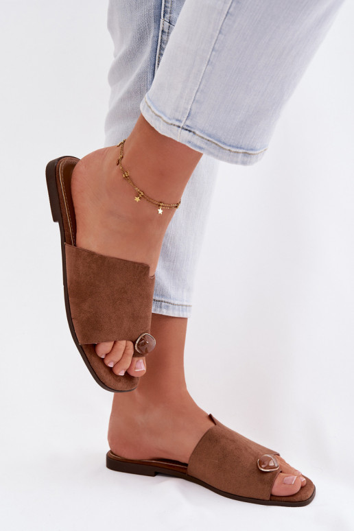 Šlepetės Moteriškas butas Su puošniais Detalem iš eko zomšosoĮe rudos spalvos Selavine